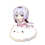  beads blue_eyes chibi crossover dress flot gochuumon_wa_usagi_desu_ka? hair_beads hair_ornament hairband horns kanna_kamui kobayashi-san_chi_no_maidragon lavender_hair long_hair look-alike pink_dress ribbon riding sitting tail tippy_(gochiusa) twintails 