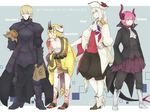  arthur_pendragon_(fate) artist_name artoria_pendragon_(all) blonde_hair blue_eyes cravat dragon_tail elizabeth_bathory_(fate) elizabeth_bathory_(fate)_(all) facial_mark fate/extra fate/extra_ccc fate/grand_order fate/prototype fate_(series) food genderswap genderswap_(ftm) hat horns ibaraki_douji_(fate/grand_order) japanese_clothes jewelry kimono kokesakeko long_hair looking_at_viewer marie_antoinette_(fate/grand_order) multiple_boys oni oni_horns pink_hair pointy_ears saber_alter signature silver_hair smile tail tattoo tricorne yellow_eyes yellow_kimono 