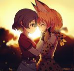  animal_ears closed_eyes commentary from_side hand_on_another's_face happy kaban_(kemono_friends) kemono_friends looking_at_another multiple_girls no_hat no_headwear open_mouth outdoors serval_(kemono_friends) serval_ears serval_print smile spoilers standing sunset tears yaoshi_jun yuri 