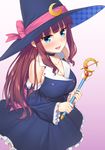  blue_eyes blush breasts brown_hair cleavage detached_sleeves dress eyebrows eyebrows_visible_through_hair frilled_dress frilled_sleeves frills gradient gradient_background hat holding holding_wand large_breasts long_hair looking_at_viewer mikazuchi_zeus new_game! revision sidelocks simple_background solo takimoto_hifumi wand white_wings wings 