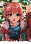  blue_eyes eyebrows_visible_through_hair face fur_trim highres jacket looking_at_viewer official_style one_side_up open_mouth orange_hair pupps scarf short_hair solo upper_body waving yahari_ore_no_seishun_lovecome_wa_machigatteiru. yuigahama_yui 