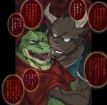  anthro bovine crocodilian drooling duo empty_eyes evil_grin eyewear fur glasses grin hand_under_shirt horn japanese_text kas20241013 kemono licking male male/male mammal muscular reptile saliva scalie smile text tongue tongue_out translation_request カス 