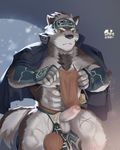  2017 abs anthro biceps big_muscles canine clothed clothing digital_media_(artwork) fur headband horkeukamui loincloth male mammal multicolored_fur muscular muscular_male pecs penis scar solo tokyo_afterschool_summoners video_games wolf 阿狼 