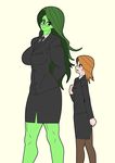  blush breasts formal franschesco glasses height_difference highres jennifer_walters large_breasts long_hair marvel multiple_girls muscle muscular_female pantyhose she-hulk small_breasts suit 