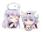  beads blue_eyes chibi closed_eyes crossover cup flot gochuumon_wa_usagi_desu_ka? hair_beads hair_ornament hairband hairclip hand_to_own_mouth hands_on_own_face horns kafuu_chino kanna_kamui kobayashi-san_chi_no_maidragon lavender_hair long_hair look-alike multiple_girls open_mouth ribbon smile sparkle tail teacup tippy_(gochiusa) twintails upper_body 