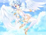  absurdres ahoge angel angel_wings blue_hair flower four_goddesses_online:_cyber_dimension_neptune gloves hair_flower hair_ornament highres leotard long_hair looking_at_viewer neptune_(series) power_symbol ramu-on@_shinon red_eyes short_hair_with_long_locks smile solo symbol-shaped_pupils white_heart wings 
