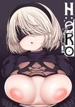  :o black_background black_dress black_gloves black_hairband blindfold breasts breasts_outside copyright_name dress gloves hairband head_tilt highres inverted_nipples large_breasts mapar mole mole_under_mouth nier_(series) nier_automata nipples short_hair silver_hair solo upper_body yorha_no._2_type_b 