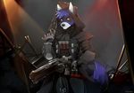  2017 5_fingers anthro armor black_nose blue_fur blue_hair canine detailed_background dog fur gun hair hihikori holding_object holding_weapon male mammal ranged_weapon red_eyes smile solo weapon 