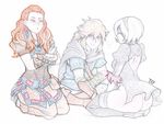  2017 2girls aloy_(horizon) antiheld ass black_dress blindfold blonde_hair blush commentary crossed_legs crossover dress freckles hairlocs highres horizon_zero_dawn limited_palette link multiple_crossover multiple_girls nier_(series) nier_automata orange_hair pelt silver_hair sitting sketch smile the_legend_of_zelda the_legend_of_zelda:_breath_of_the_wild thighhighs year_connection yorha_no._2_type_b 