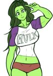  breasts franschesco green_eyes green_hair large_breasts long_hair marvel muscle muscular_female panties she-hulk shirt solo tight_shirt underwear 
