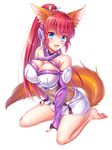  :d animal_ears bad_id bad_pixiv_id bare_shoulders barefoot between_legs black_gloves blue_eyes blush breasts cleavage covered_navel criss-cross_halter eyebrows_visible_through_hair fingerless_gloves fingernails fox_ears fox_tail full_body gloves hair_between_eyes halter_top halterneck hand_between_legs head_tilt headphones kakaoken large_breasts long_hair microskirt open_mouth pleated_skirt ponytail rin_(show_by_rock!!) shirt show_by_rock!! simple_background sitting skirt smile solo tail very_long_hair white_background white_shirt 