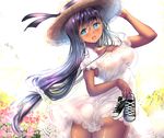 ass bad_anatomy bad_id bad_pixiv_id black_hair blue_eyes breasts commentary_request dark_skin dress flower gorua_(youce01) hat long_hair open_mouth original shoes shoes_removed sneakers solo straw_hat white_dress 
