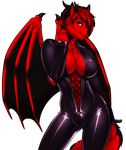  2017 alpha_channel anthro big_breasts black_claws black_hair black_horn breasts bulge canine claws clothing dickgirl dragon fur hair half-closed_eyes horn hybrid intersex looking_at_viewer mammal membranous_wings porin red_eyes red_fur red_hair red_scales scales scalie smile solo tight_clothing tuft wings 