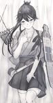  arrow blush bow_(weapon) commentary_request flight_deck flying_sweatdrops greyscale hakama hand_on_own_chest high_ponytail highres houshou_(kantai_collection) japanese_clothes kantai_collection kimono long_hair magai_akashi monochrome ponytail solo tasuki thighhighs weapon 