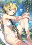  absurdres agathe_arier bare_legs barefoot beach between_breasts bikini blonde_hair blue_eyes blush breasts cleavage cloud day eyebrows_visible_through_hair front-tie_bikini front-tie_top gun hair_over_breasts hair_ribbon highres huge_filesize kantoku leg_up long_hair looking_at_viewer marchen_madchen medium_breasts navel outdoors palm_tree ribbon rifle scan shiny shiny_skin side-tie_bikini sky solo swimsuit tree weapon 