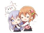  &gt;_&lt; blue_eyes blue_hair brown_hair chibi closed_eyes flot flower gochuumon_wa_usagi_desu_ka? hair_flower hair_ornament hairclip hoto_cocoa hug kafuu_chino long_hair multiple_girls one_eye_closed open_mouth rabbit_house_uniform shirt short_hair skirt tears tippy_(gochiusa) vest 