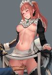  1girl apron blue_eyes blush breasts breasts_apart censored center_opening dress dress_lift felicia_(fire_emblem_if) fingering fingerless_gloves fire_emblem fire_emblem_if gloves lasterk long_hair maid maid_apron maid_headdress medium_breasts mosaic_censoring nipples no_panties one_eye_closed pink_hair ponytail pubic_hair pussy pussy_juice solo_focus standing thighhighs 