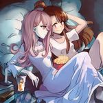  bed book breasts brown_hair candle chemise cup drinking_glass drinking_straw eyeshadow food hair_ornament hair_over_one_eye hairclip indoors kagari_atsuko leila_(yurisouls) little_witch_academia long_hair makeup multiple_girls pale_skin pillow popcorn purple_hair red_eyes shirt short_ponytail small_breasts smile sucy_manbavaran yuri 