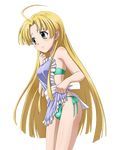  ahoge apron asia_argento bikini blonde_hair blush cowboy_shot eyebrows_visible_through_hair green_bikini green_eyes high_school_dxd long_hair looking_away naked_apron shiny shiny_skin side-tie_bikini solo standing swimsuit transparent_background very_long_hair 