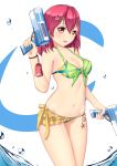  1girl absurdres arm_up bikini bikini_skirt bracelet breasts charm_(object) cleavage contrapposto cowboy_shot dual_wielding front-tie_bikini front-tie_top green_bikini hair_between_eyes hair_ornament hairclip head_tilt highres holding holding_water_gun jewelry looking_at_viewer medium_breasts medium_hair nearoul_kishi open_mouth original red_eyes red_hair shiny shiny_hair solo standing striped striped_bikini swimsuit two-tone_background water water_drop water_gun 