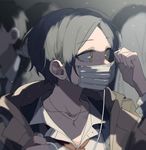  ahn black_hair blazer coat crowd earphones earrings eyebrows_visible_through_hair formal hayami_kanade highres idolmaster idolmaster_cinderella_girls jacket jewelry looking_to_the_side mask mask_removed necklace necktie portrait short_hair single_earphone_removed solo_focus suit surgical_mask yellow_eyes 