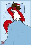  bed bedding blanket brown_hair curly_hair flame_fur fur hair lying pillow red_fur tongue tongue_out wolerno wolferno wolfox 