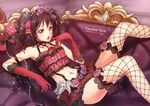  absurdres artist_name bangs bow bracelet character_name choker cosplay couch dated demon_horns finger_to_mouth fishnet_legwear fishnets flower fularika gem gloves hair_bow half-closed_eyes highres horns jewelry lace lace-trimmed_gloves lace-trimmed_thighhighs love_live! love_live!_school_idol_project microskirt midriff navel open_mouth pink_flower pink_rose pitchfork polka_dot polka_dot_bow purple_flower purple_rose reclining red_flower red_gloves red_rose rose scepter skirt solo suspenders thighhighs tiara twintails vertical-striped_gloves watermark web_address yazawa_nico 