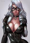  1girl black_cat_(marvel) blue_eyes bodysuit breasts choker cleavage dandon_fuga domino_mask fur_trim highres large_breasts long_hair looking_at_viewer marvel mask mole mole_under_mouth pov shiny shiny_clothes silver_hair simple_background solo spider-man_(series) upper_body wavy_hair white_hair zipper 