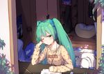  :/ artist_self-reference bean_bag_chair blurry_foreground blush book box breasts character_name clothes clothes_on_wall collarbone desk dust_particles earphones english eraser eyelashes folded_clothes futon green_eyes green_hair guitar_case hair_ribbon hand_on_own_cheek hatsune_miku head_rest head_tilt heart heart_print indoors instrument_case jitome leaf long_hair long_sleeves looking_at_viewer one_eye_closed paper pencil poster_(object) raised_eyebrow ribbon room shadow shelf shirt sidelocks sitting small_breasts solo squiggle twintails vocaloid window zhayin-san 