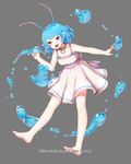  antennae barefoot blue_hair bow company_name dress full_body grey_background gyakushuu_no_fantasica millgua official_art pink_eyes pointy_ears simple_background solo water 