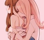  bangs blunt_bangs blush bra brown_hair closed_eyes commentary_request eyeshadow from_side kagari_atsuko kiss leila_(yurisouls) little_witch_academia long_hair looking_at_another makeup multiple_girls neck_kiss open_mouth pink_hair profile shirt simple_background sucy_manbavaran underwear undressing yuri 