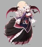  bat bat_wings breasts cleavage company_name curly_hair flower full_body grey_background gyakushuu_no_fantasica horns large_breasts long_hair millgua moon official_art pink_eyes simple_background solo white_hair wings 