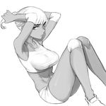  armpits arms_up breasts elbow_pads greyscale knee_pads large_breasts leaning_back looking_at_viewer midriff monochrome navel original pokan_(xz1128) ponytail shirt short_ponytail short_shorts shorts simple_background sitting solo sports_bra tying_hair white_background 