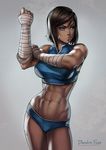  1girl abs artist_name avatar_(series) bandaid bangs blue_eyes breasts brown_hair cowboy_shot dandon_fuga dark_skin female grey_background highres korra large_breasts legs looking_away muscle navel posing raised_eyebrows serious shiny shiny_skin short_hair simple_background solo standing the_legend_of_korra thighs web_address 