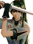  breasts delsaber dress earrings fighting_stance fingerless_gloves fire_emblem fire_emblem:_rekka_no_ken gloves green_eyes green_hair jewelry katana long_hair looking_at_viewer lyndis_(fire_emblem) medium_breasts ponytail simple_background solo sword upper_body weapon white_background 