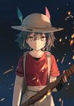 &gt;:) backpack bag bangs black_gloves black_hair brown_eyes collarbone cowboy_shot eyebrows_visible_through_hair feathers fire gloves hair_between_eyes hat hat_feather helmet holding huanxiang_heitu jpeg_artifacts kaban_(kemono_friends) kemono_friends looking_at_viewer night outdoors pith_helmet red_shirt shirt short_hair short_sleeves shorts sky smile solo spoilers torch tsurime v-shaped_eyebrows white_hat white_shorts 