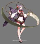  animal_ears bow company_name curly_hair full_body grey_background gyakushuu_no_fantasica hair_ornament japanese_clothes long_hair millgua official_art open_mouth purple_hair sandals scroll simple_background solo tail wolf_ears wolf_tail yellow_eyes 