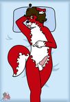  animal_genitalia animal_penis anthro bed bedding blanket brown_hair canine_penis curly_hair erection flame_fur fur hair lying male penis pillow red_fur solo tongue tongue_out wolferno wolfox 