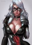  1girl black_cat_(marvel) blue_eyes bodysuit breasts choker cleavage dandon_fuga domino_mask fur_trim highres large_breasts long_hair looking_at_viewer marvel mask mole mole_under_mouth pov shiny shiny_clothes silver_hair simple_background solo_focus spider-man spider-man_(series) unzipping upper_body wavy_hair white_hair zipper 