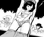  1boy 2girls behind_tree blush breasts bush eyes_closed female_protagonist_(pokemon_sm) fingering highres lillie_(pokemon) male_protagonist_(pokemon_sm) masturbation multiple_girls pokemon pokemon_(game) pokemon_sm pussy_juice shorts shorts_down watching 