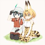  animal_ears backpack bag elbow_gloves feathers gloves grass hand_on_headwear hat kaban_(kemono_friends) kemono_friends kneeling multiple_girls seiza serval_(kemono_friends) serval_ears serval_print serval_tail short_hair shorts sitting souji tail thighhighs 