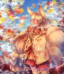  animal_ears autumn_leaves bell blonde_hair blush bow brown_gloves elbow_gloves floral_print fox_tail gen_1_pokemon gloves hair_bow japanese_clothes jingle_bell long_hair moe_(hamhamham) ninetales open_mouth personification pokemon profile red_eyes red_skirt skirt standing tail very_long_hair white_bow wide_sleeves yellow_legwear 