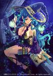  blue_hair bottle braid breasts cleavage company_name curly_hair curtains feathers flower full_body gyakushuu_no_fantasica hat high_heels large_breasts leaf long_hair night official_art sitting solo teeth tree witch_hat yellow_eyes yukikana 