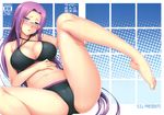  1girl absurdres bare_shoulders bikini blush breasts cameltoe cover cover_page doujin_cover doujinshi fate/stay_night fate_(series) glasses highres large_breasts long_hair looking_at_viewer navel open_mouth purple_eyes purple_hair rider sitting solo spread_legs swimsuit yanagi_(tsukiakari) 