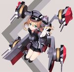  black_legwear black_skirt blonde_hair blue_eyes blush gloves hat highres iron_cross kantai_collection kneehighs long_hair long_sleeves machinery military military_uniform naruse_hirofumi outstretched_arm peaked_cap prinz_eugen_(kantai_collection) skirt smile solo turret twintails uniform white_gloves 