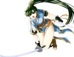 boots breasts brown_footwear clenched_hands delsaber dress fingerless_gloves fire_emblem fire_emblem:_rekka_no_ken gloves green_eyes green_hair jumping katana knee_boots long_hair lyndis_(fire_emblem) medium_breasts open_mouth pelvic_curtain ponytail sash scabbard sheath short_sleeves side_slit simple_background solo sword thighs weapon white_background 