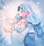  blue_eyes blue_hair braid breasts cleavage gen_7_pokemon jewelry large_breasts long_hair looking_to_the_side moe_(hamhamham) necklace open_mouth outstretched_hand personification pokemon ponytail primarina solo starfish_hair_ornament veil very_long_hair wide_sleeves 
