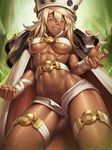  abs belt beltbra blonde_hair breasts cape claw_pose colored_eyelashes cowboy_shot dark_skin eyelashes fighting_stance grin guilty_gear guilty_gear_xrd hair_between_eyes hat highres long_hair looking_at_viewer medium_breasts micro_shorts orange_eyes partially_visible_vulva ramlethal_valentine sharp_teeth short_shorts shorts smile solo speh sweat teeth thigh_strap toned underboob 