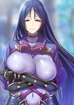  arm_guards black_gloves blurry blurry_background bodysuit breast_hold breasts chromatic_aberration commentary_request covered_navel covered_nipples crossed_arms depth_of_field fate/grand_order fate_(series) gloves half-closed_eyes huge_breasts japanese_clothes long_hair looking_at_viewer minamoto_no_raikou_(fate/grand_order) outdoors purple_eyes purple_hair rope smile solo suzuki_nene very_long_hair 
