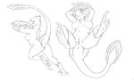  2017 acidapluvia anthro anus armpits breasts butt claws dinosaur feathers female looking_at_viewer looking_back lying monochrome nipples nude on_back pussy raised_tail raptor rear_view simple_background sketch solo theropod toe_claws 
